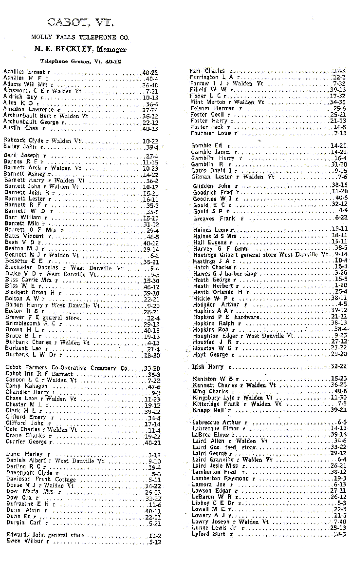 1928 Cabot Vt Telephone Book - Page 1