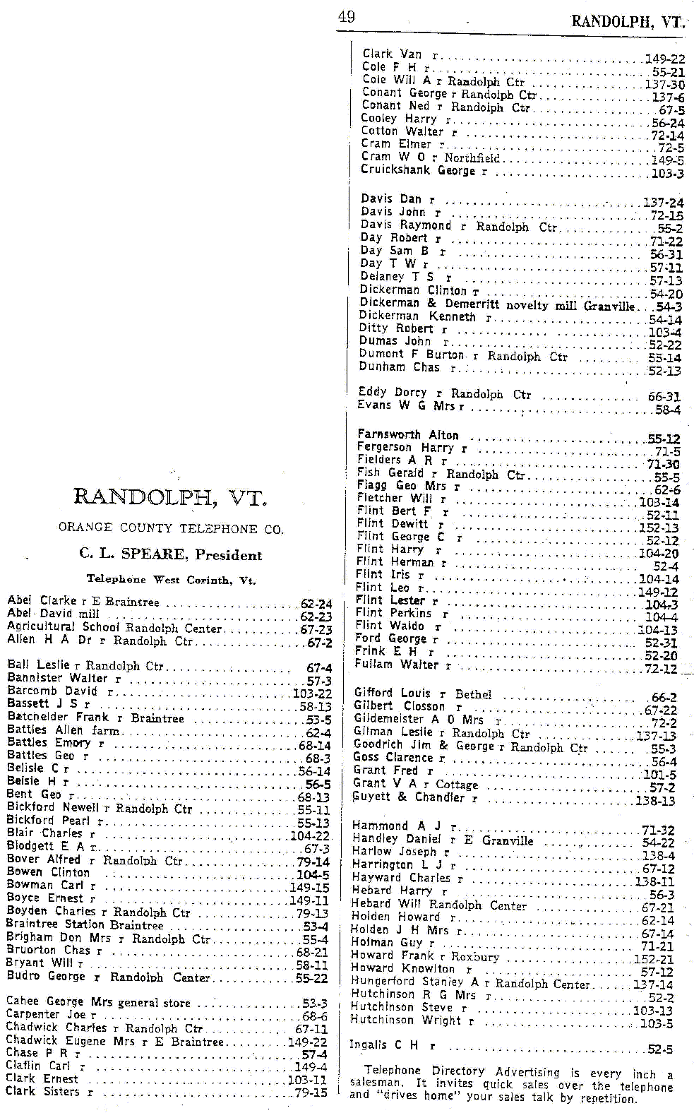 1928 Randolph Vt Telephone Book - Page 49