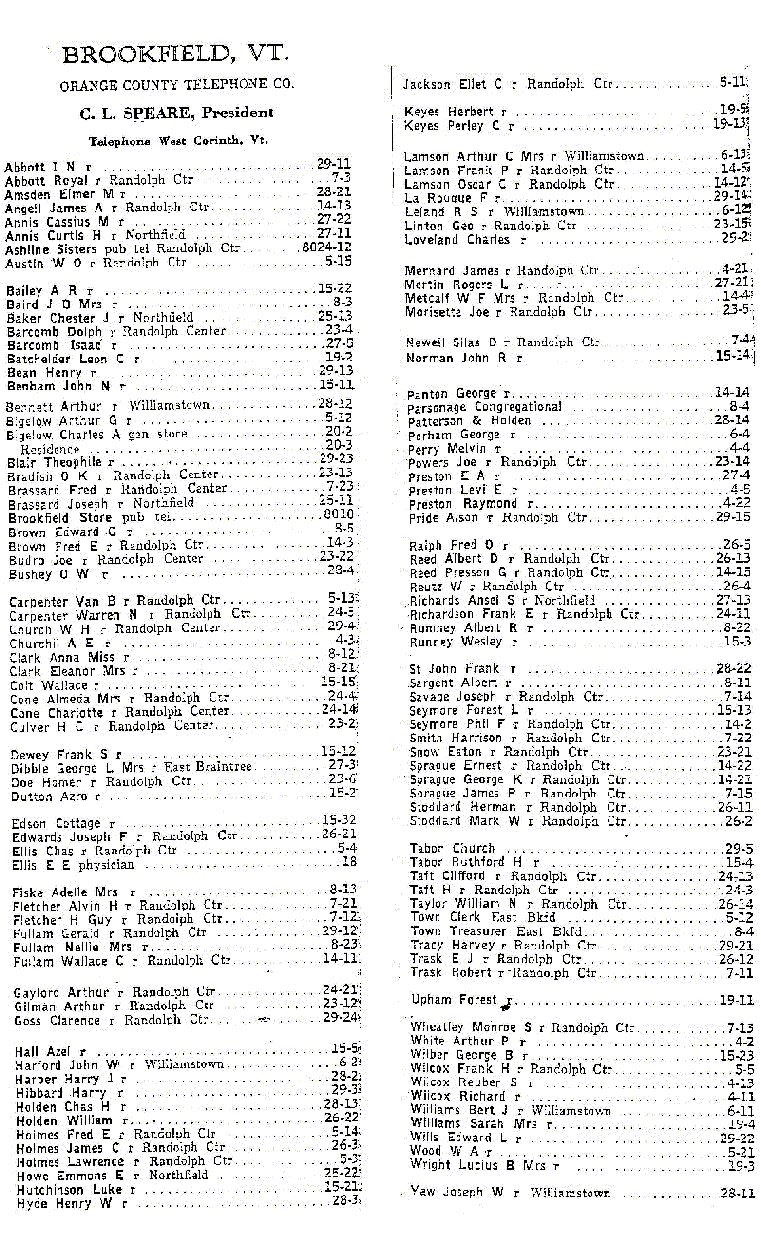 1928 Brookfield Vt Telephone Book 