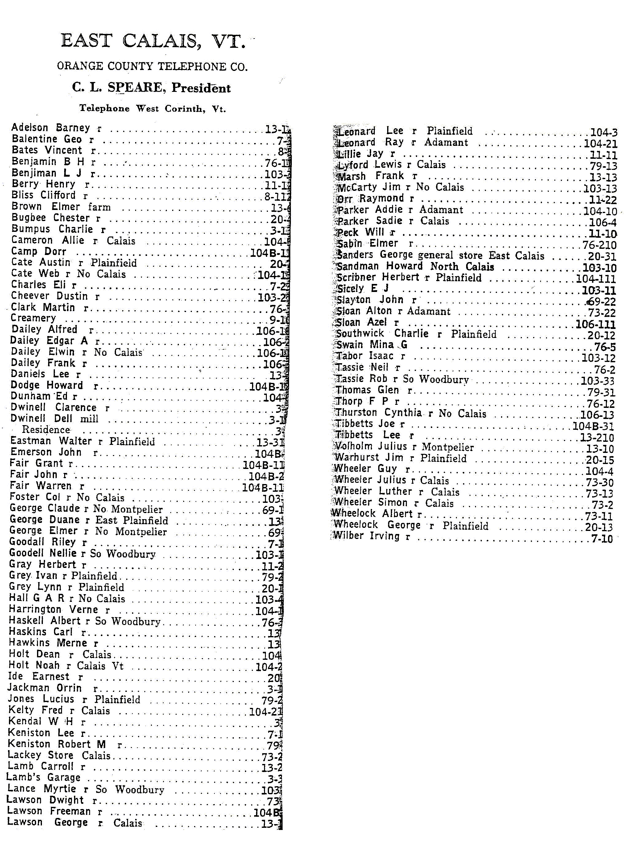 1928 East Calais  Vt Telephone Book 