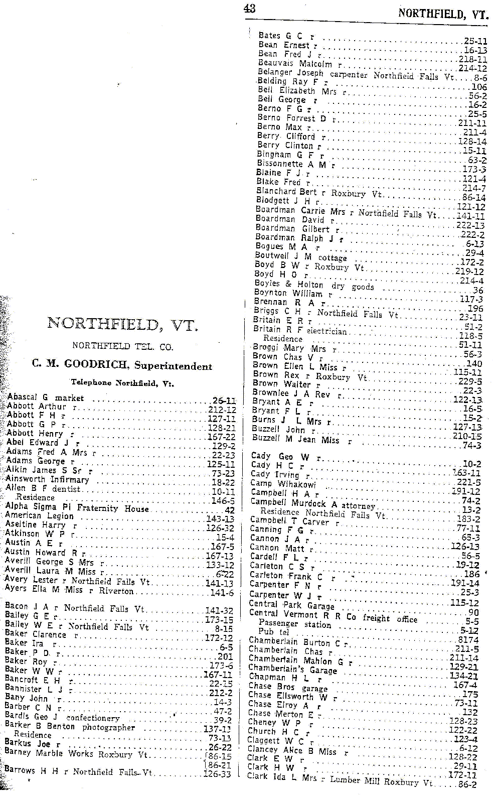 1928 Northfield Vt Telephone Book - Page 43