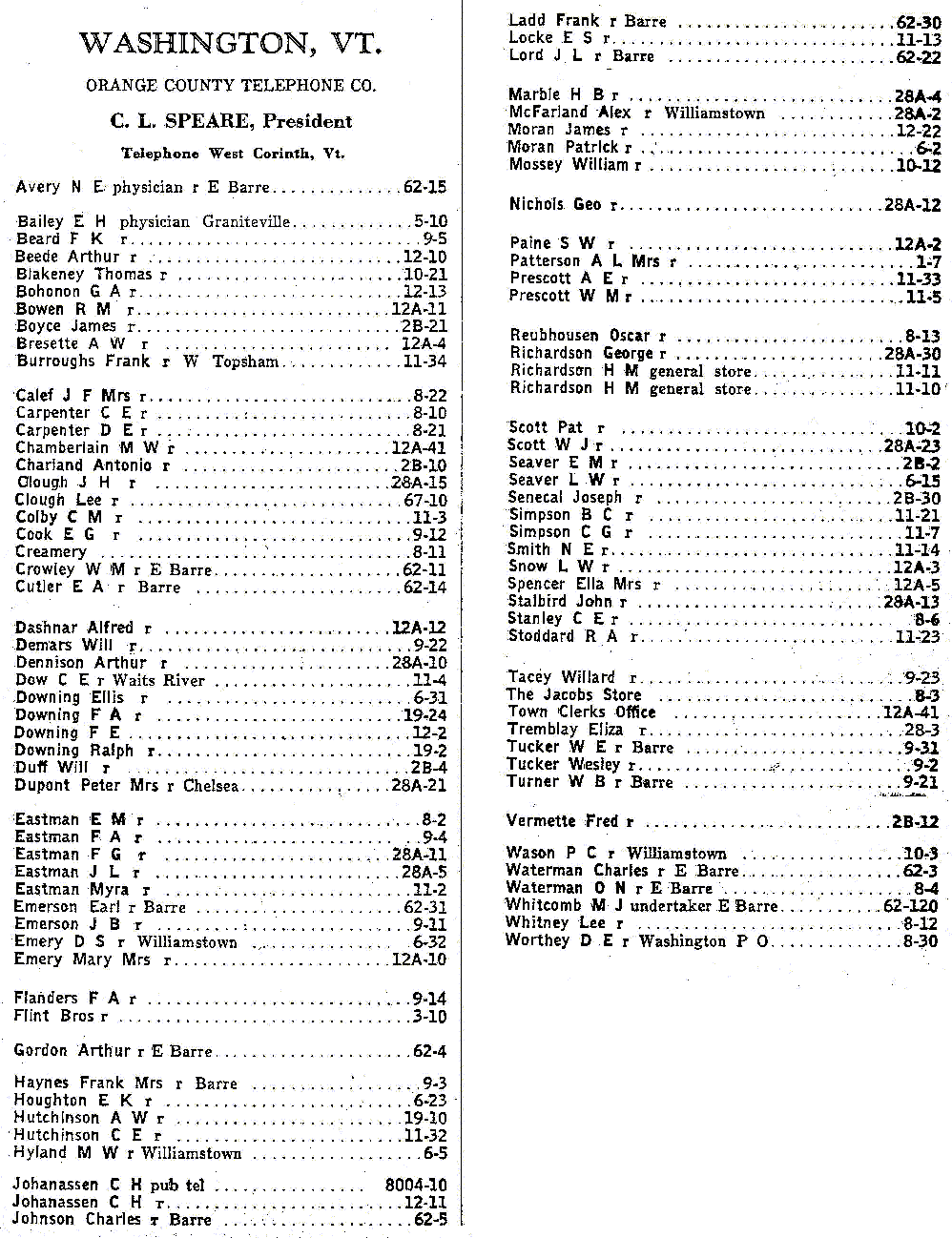 1928 Washington Vt Telephone Book 