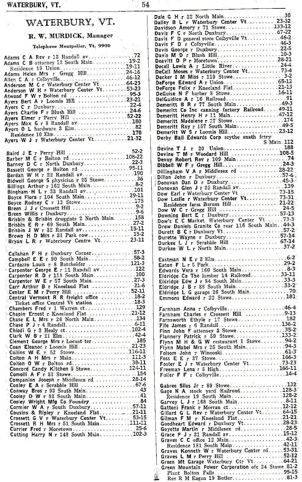 1928 Waterbury Vt Telephone Book - Page 54