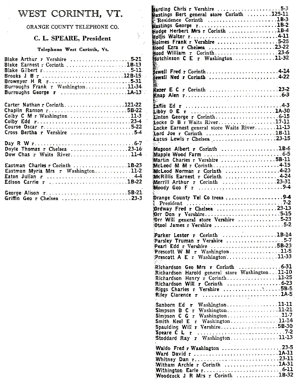 1928 West Corinth  Vt Telephone Book 