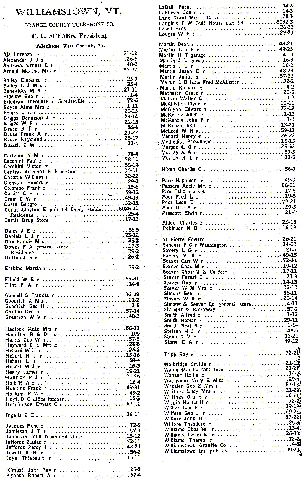 1928 Williamstown Vt Telephone Book 
